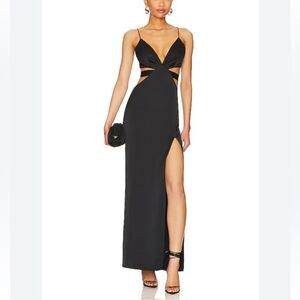 Superdown Stacie Black Cut Out maxi dress Slit Gown plunge Revolve NWT L